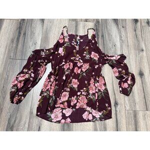 American Eagle Outfitters M Pink Burgundy Floral Cold Shoulder Shirt Boho Peasan